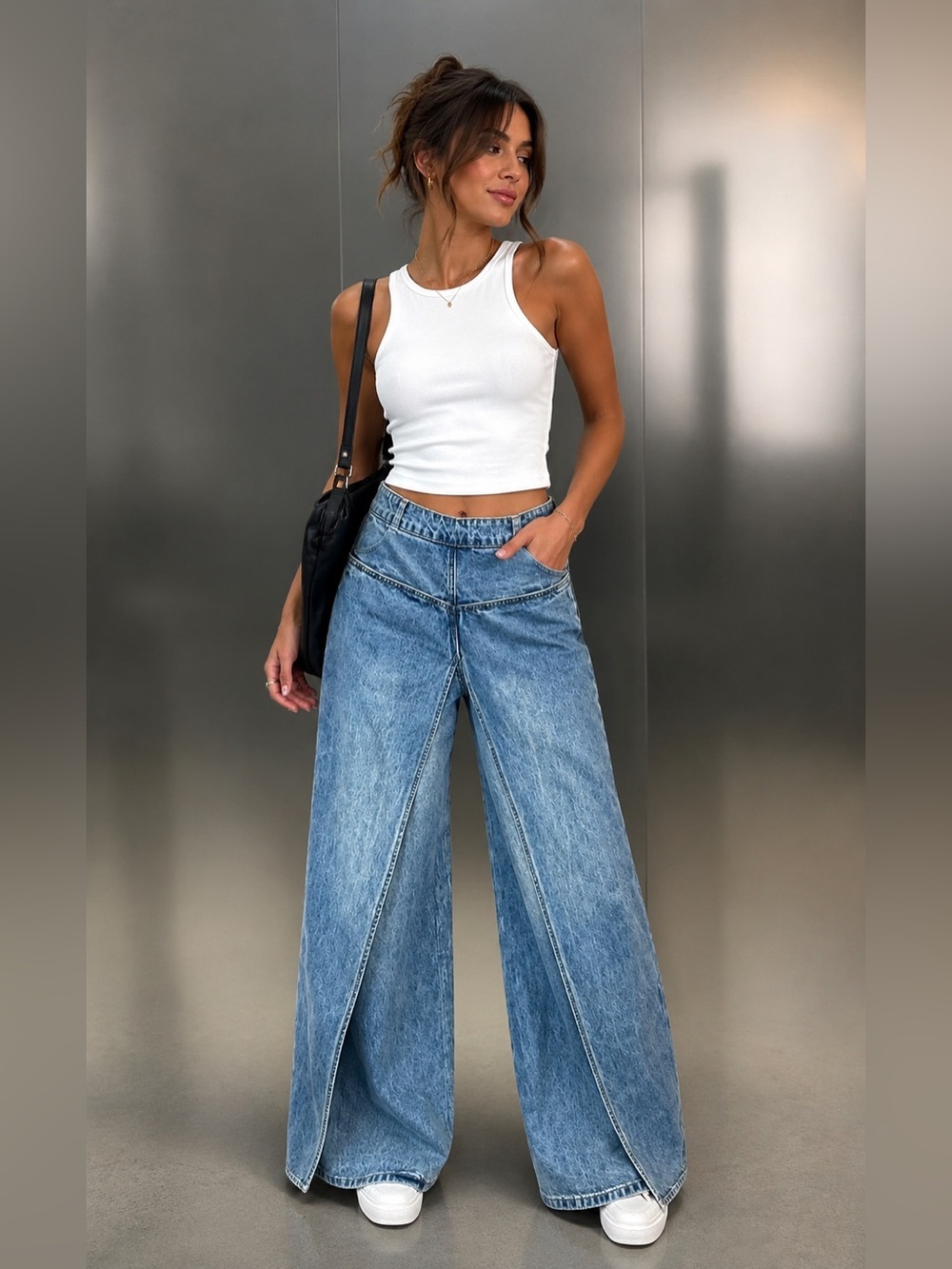 High-Rise Wide Leg Blue Jeans with Front Panel Detail